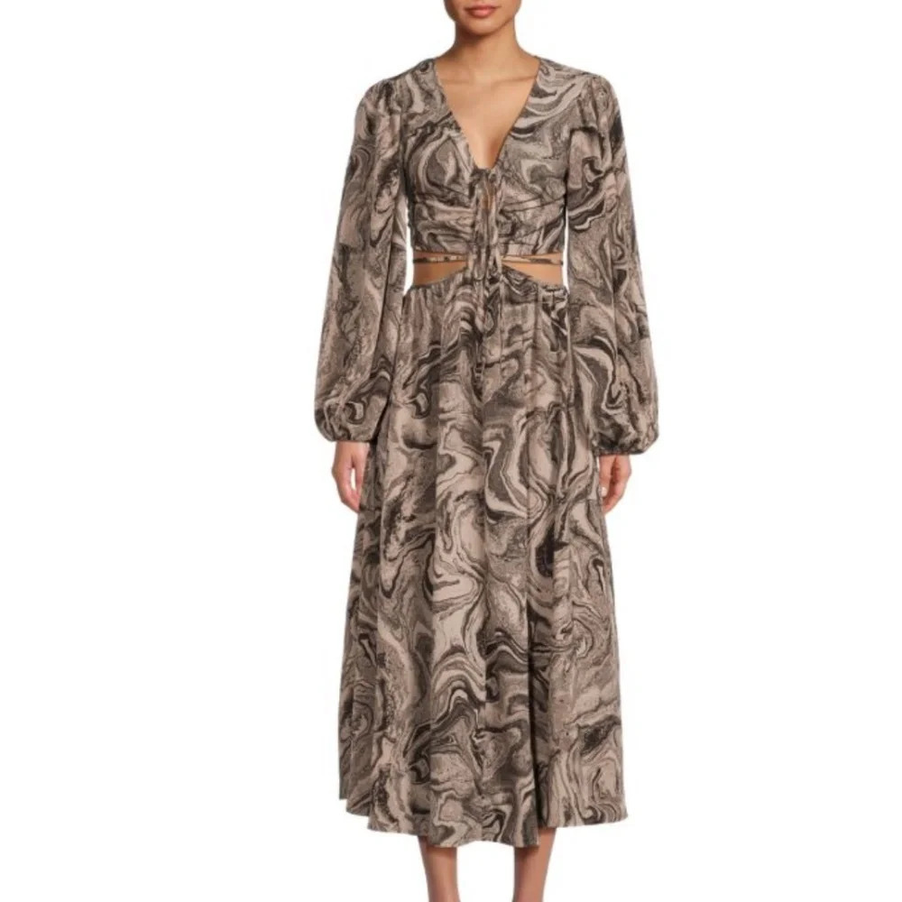 Moon River Brown Marble Print Cut Out Midi Dress Size Small